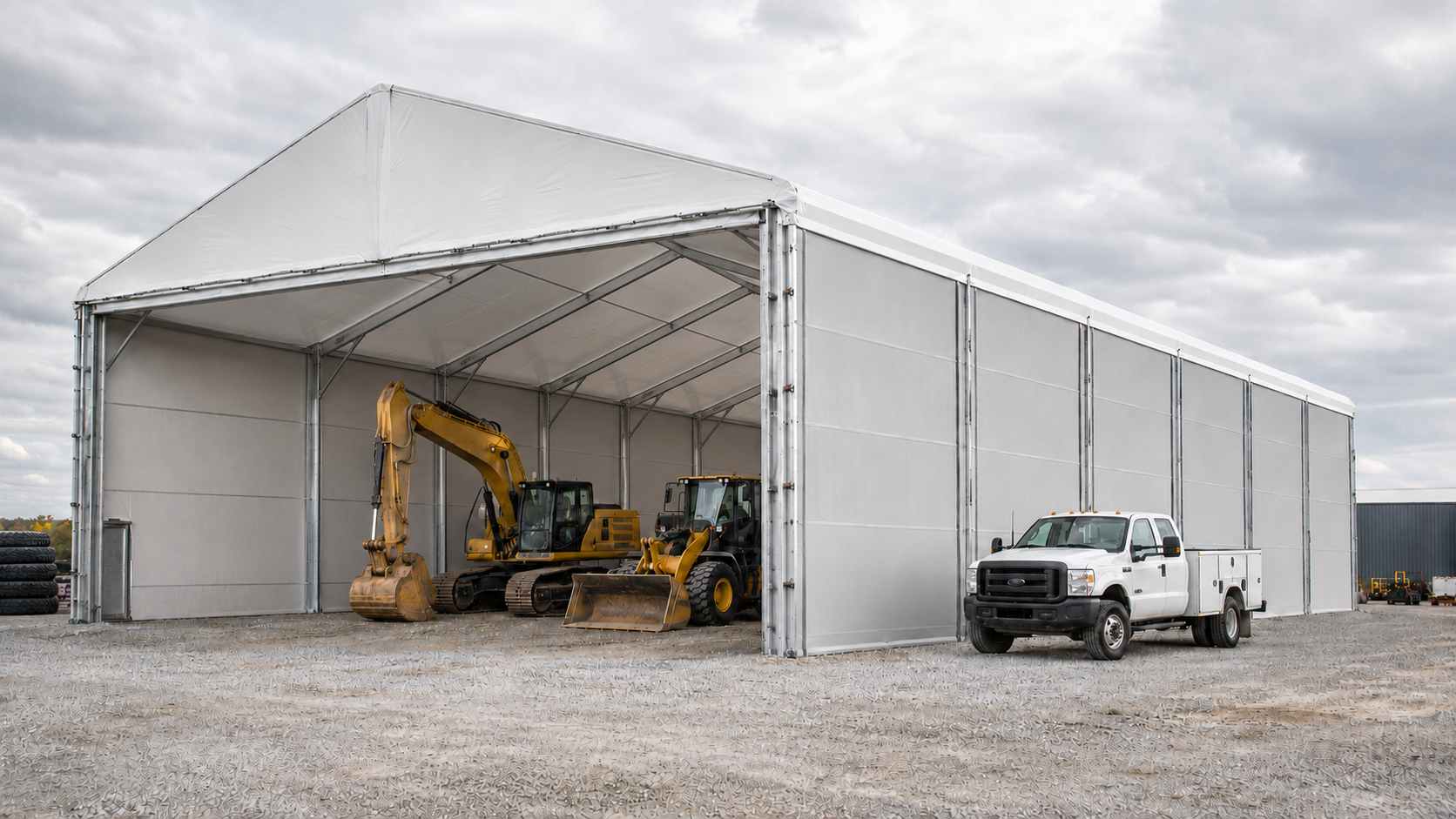 Large aluminum frame vehicles and equipment tent exterior