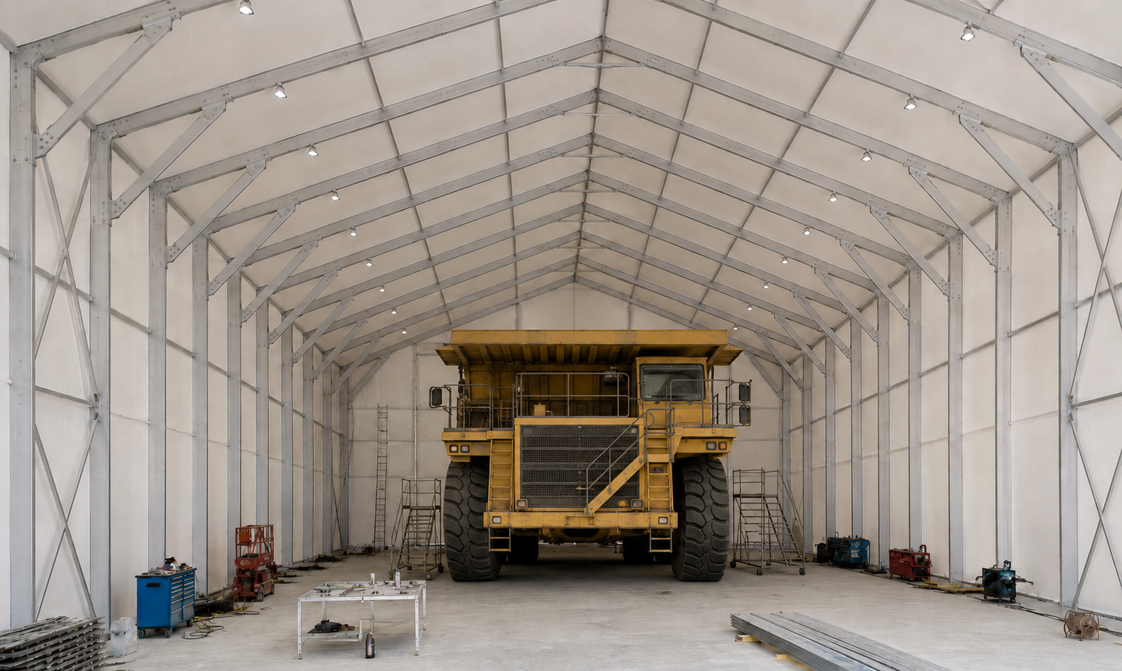 Vehicles and equipment tent used for fleet and heavy machinery storage