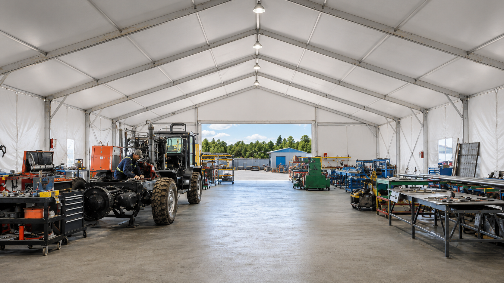 Clear-span workshop tent interior