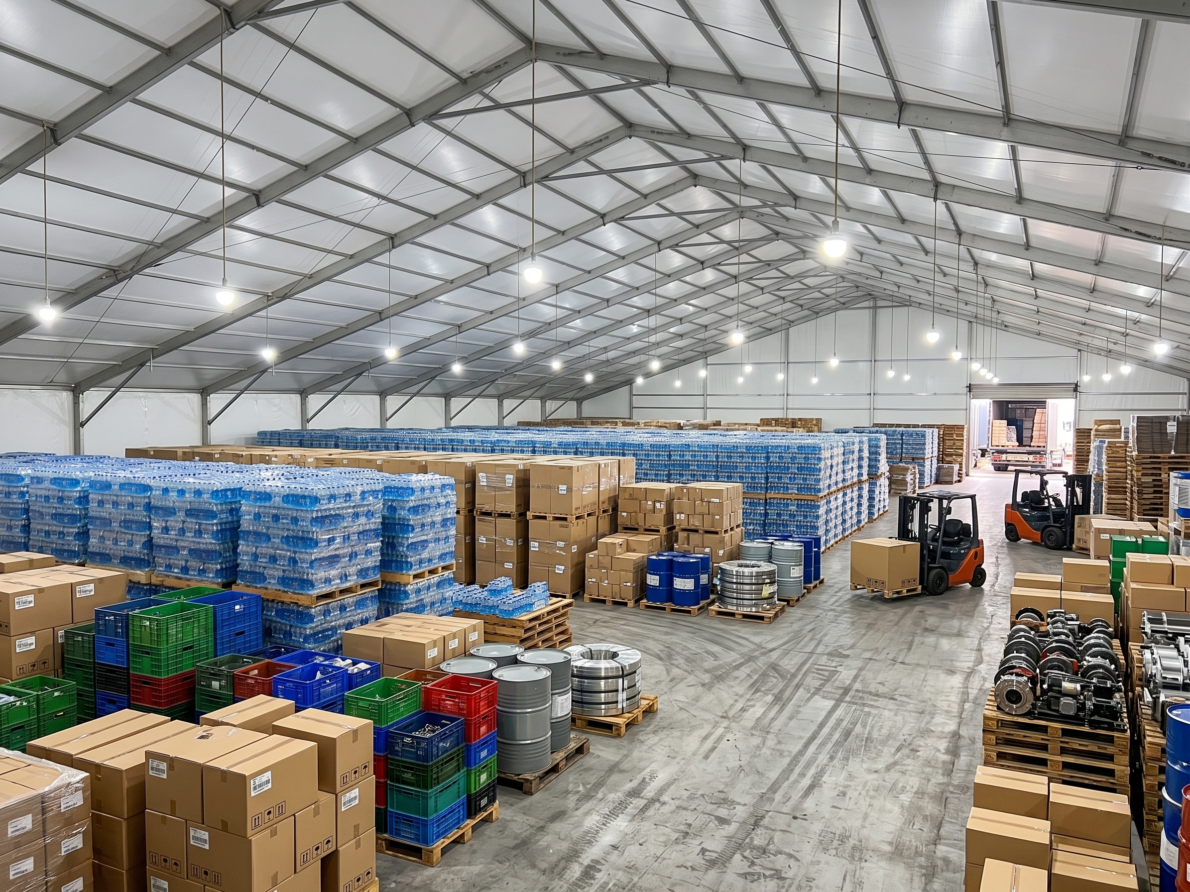 Clear-span warehouse tent interior