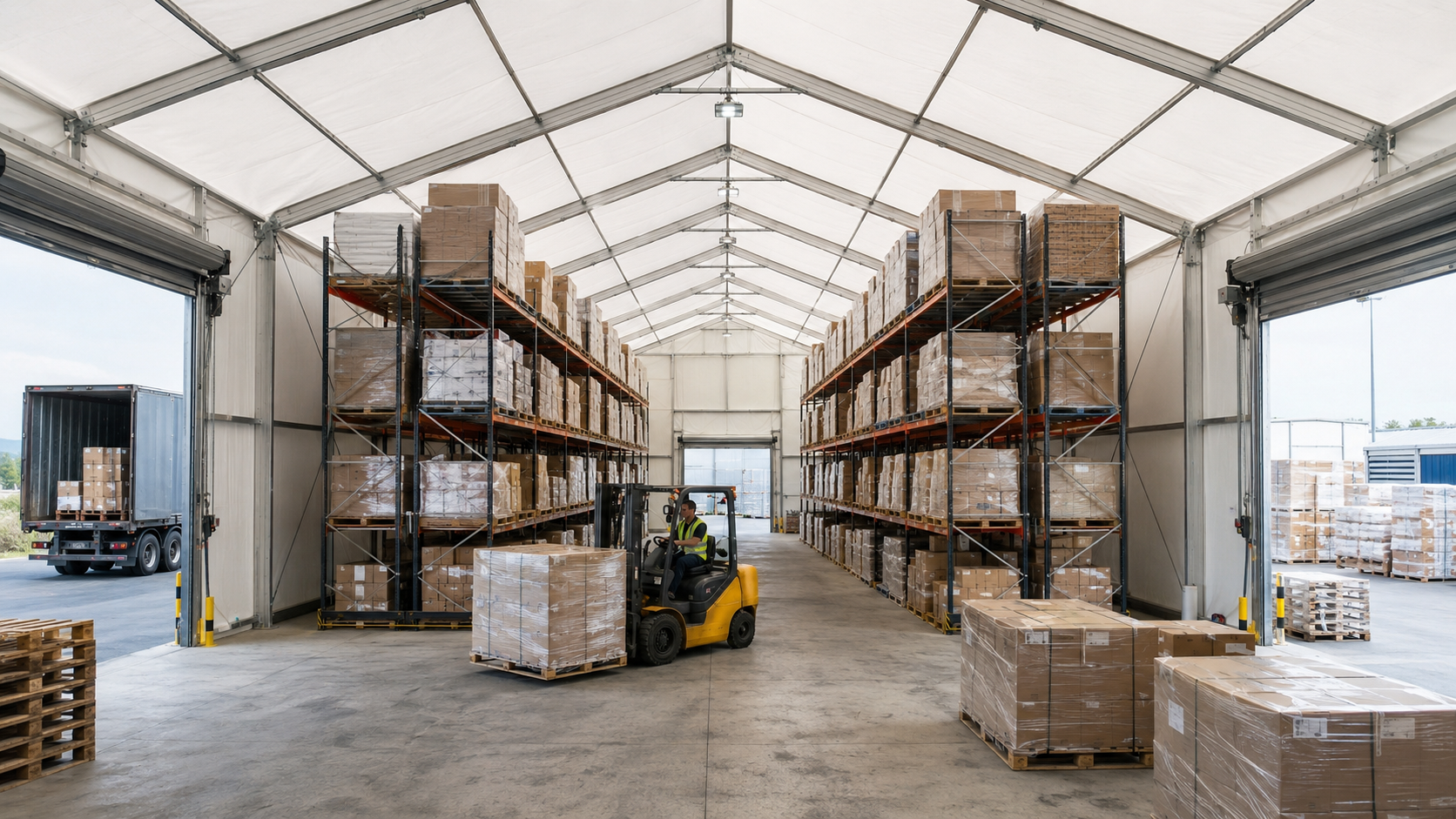 Clear span warehouse tent interior